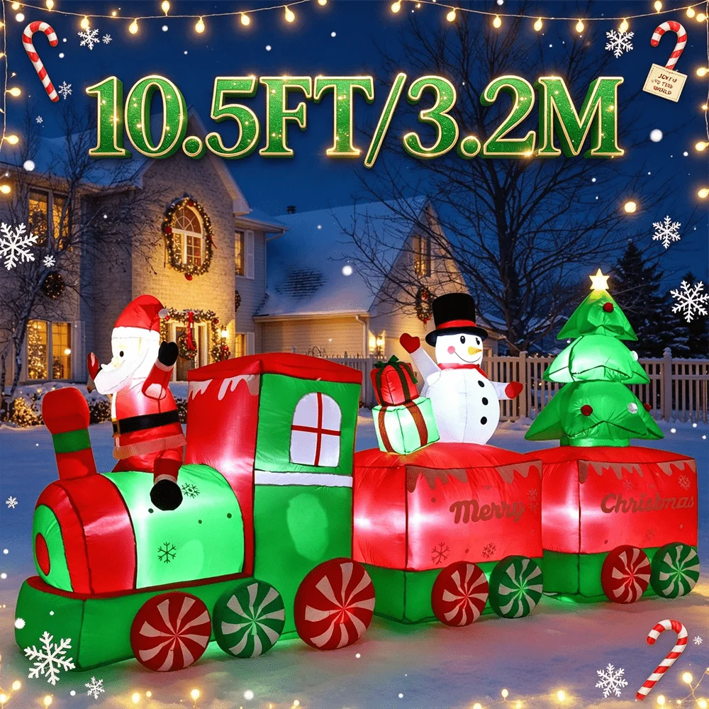 10.5FT Christmas Inflatable Toy Train with Santa Claus Snowman Giant Outdoor Yard Decorations Built-in LEDs Xmas Holiday Decor