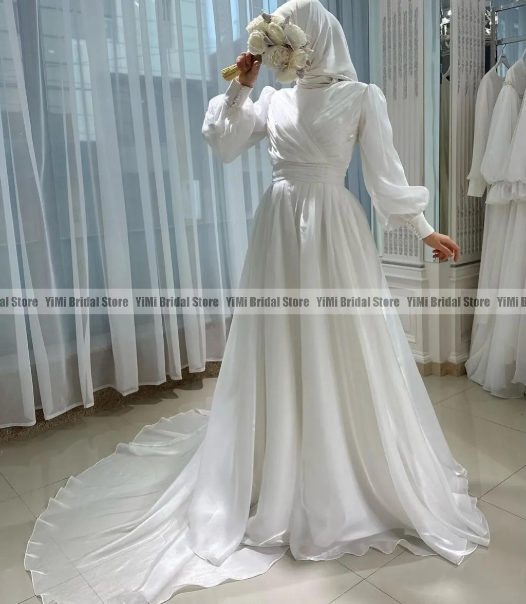 ชุดเจ้าสาว gaun pengantin muslimah 2024เสื้อคอยาวสูงยาวคลุมเข่าแบบยาว