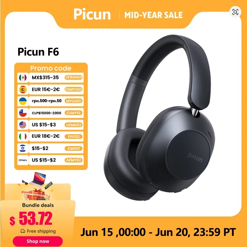 Picun F6 aktywne słuchawki bezprzewodowe z redukcją szumów śledzenie głowy 3D Audio 40mm zestaw słuchawkowy Bluetooth Hi-Res ANC kontrola aplikacji HIFI