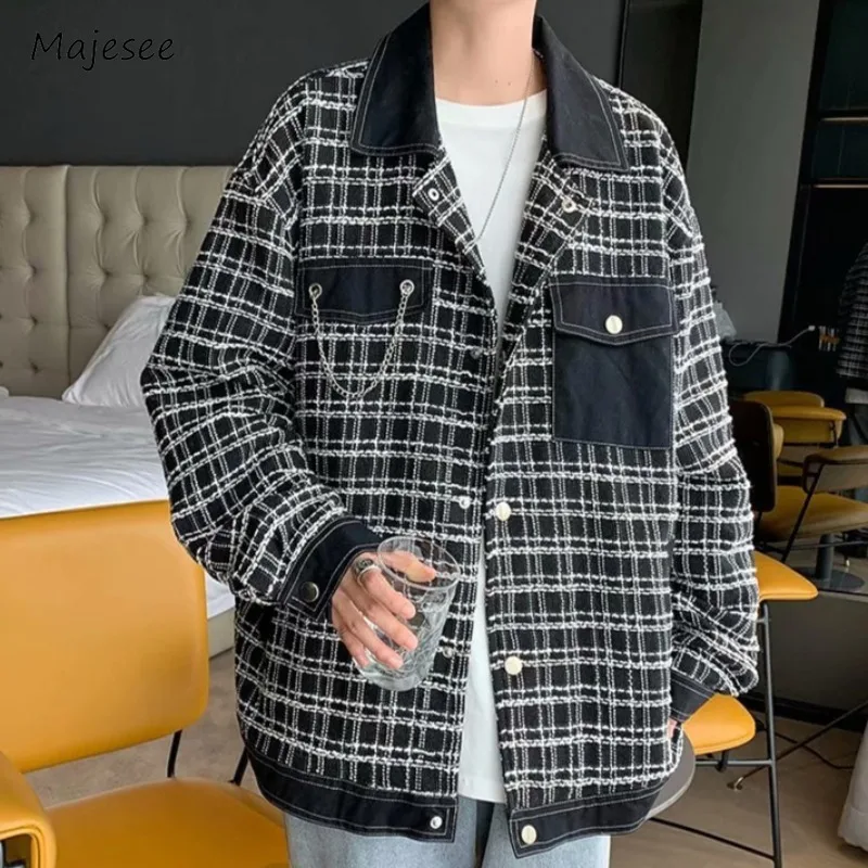 Plaid Jackets Men Casual Patchwork Baggy Vintage Autumn Long Sleeve Japaenese Handsome Harajuku Teenagers Outwear Stylish Daily