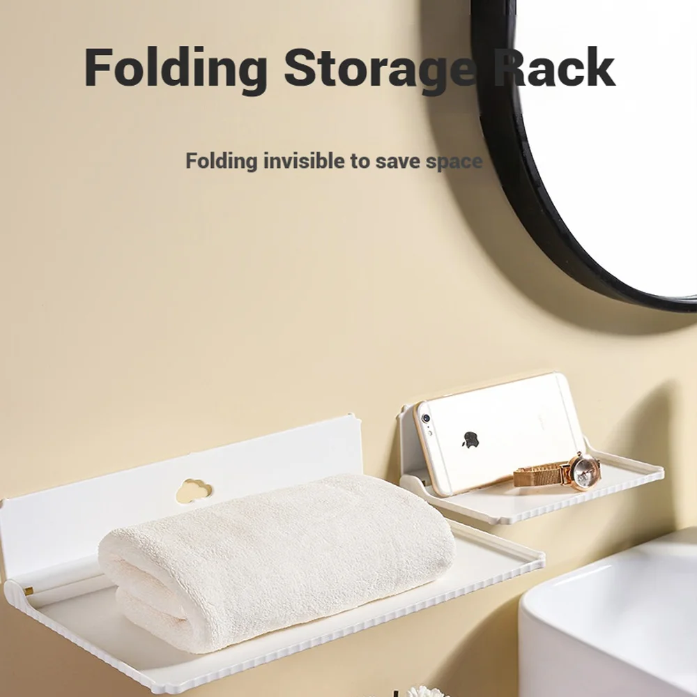 Punch-Free Foldable Wall Mount Storage Shelf Self-Adhesive Mini Wall Rack Phone Glasses Remote Control Organizer Phone Holder view 4