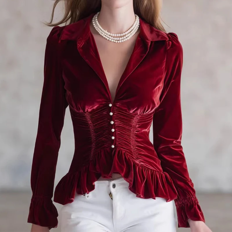 Vintage Velvet Top Women's Fashion Slim Fit Pleated Blouse Elegant Suit Collar Ruffle Hem Long Sleeve Early Spring Shirt Blouse