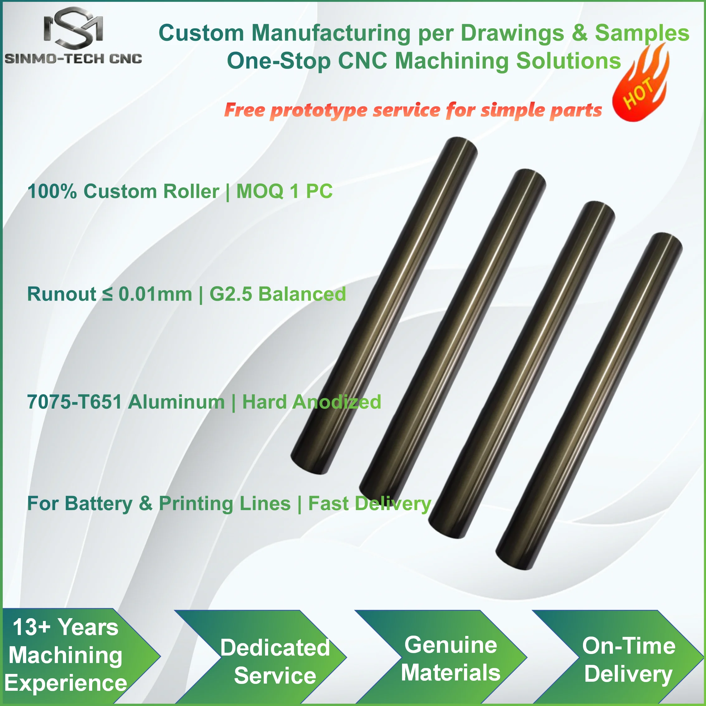 Custom Aluminum Roller | CNC Machining | Hard Anodize/Teflon Coating | 1PC Sample Available