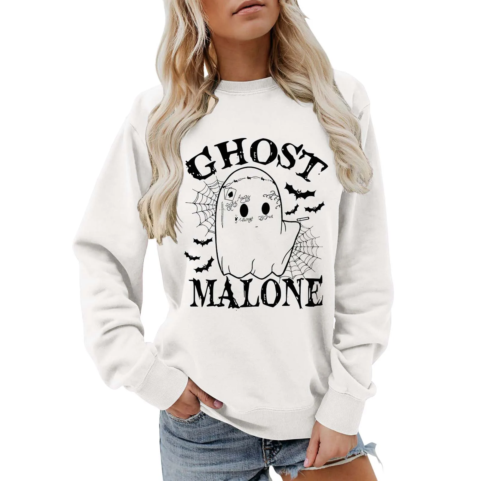 

GHOST MALONE Sweatshirts Halloween Printed Round Neck Long Sleeve Casual Sports Sweatshirt Women's Halloween Hoodless Sweatshirt