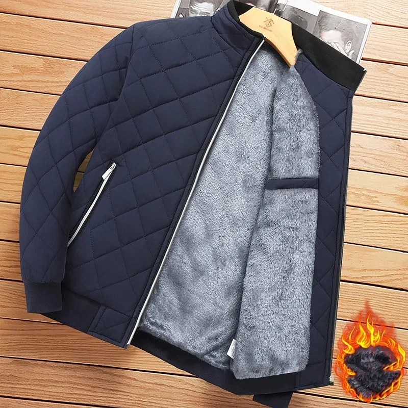 

Warm Quilted Men's Jacket With Fleece Lining Casual Winter Outerwear Stand Collar Zip Front Design Comfortable Everyday Wear