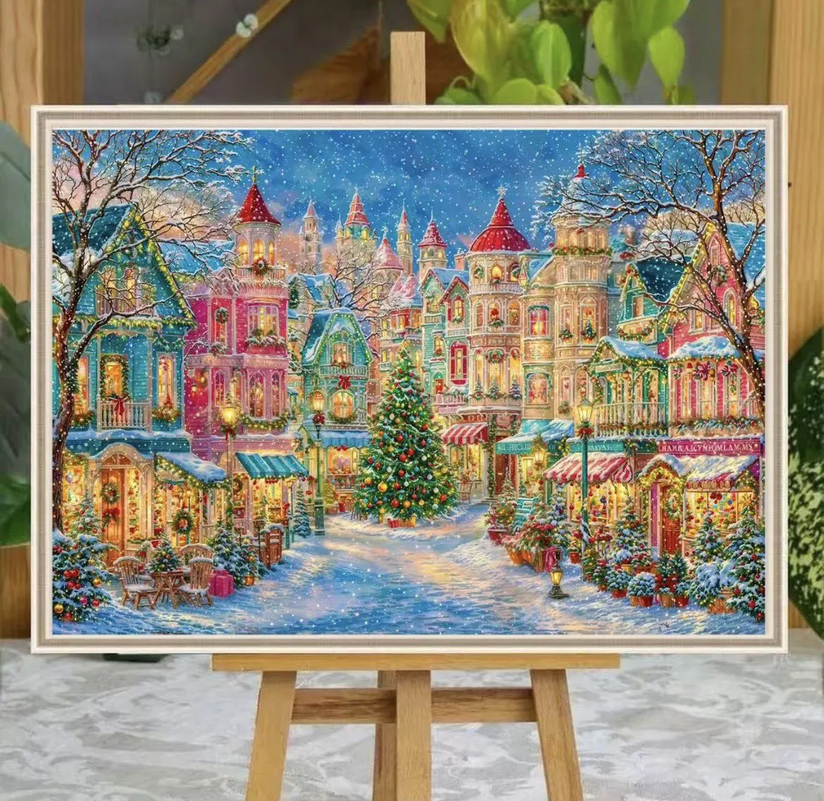

9CT 14ct Christmas Town Printed Kit Cross Stitch Embroidery DIY Needlework Home Decor Crafts With Needles Threads 79 Colors