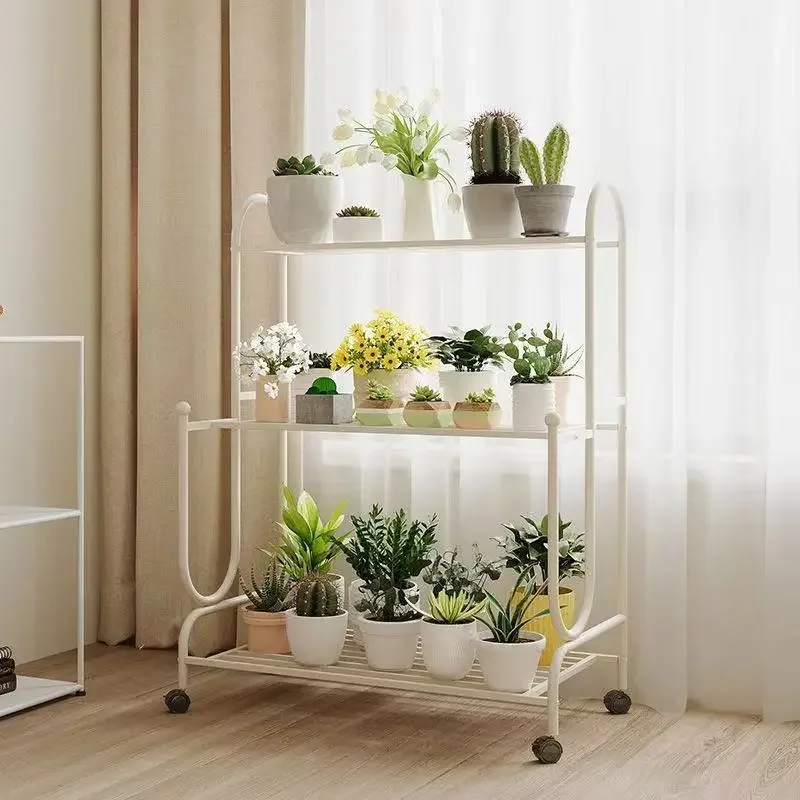 LH3 Wrought Iron Staircase Mobile Balcony Storage Rack Multi-layer Floor-standing Flower Stand with Wheels