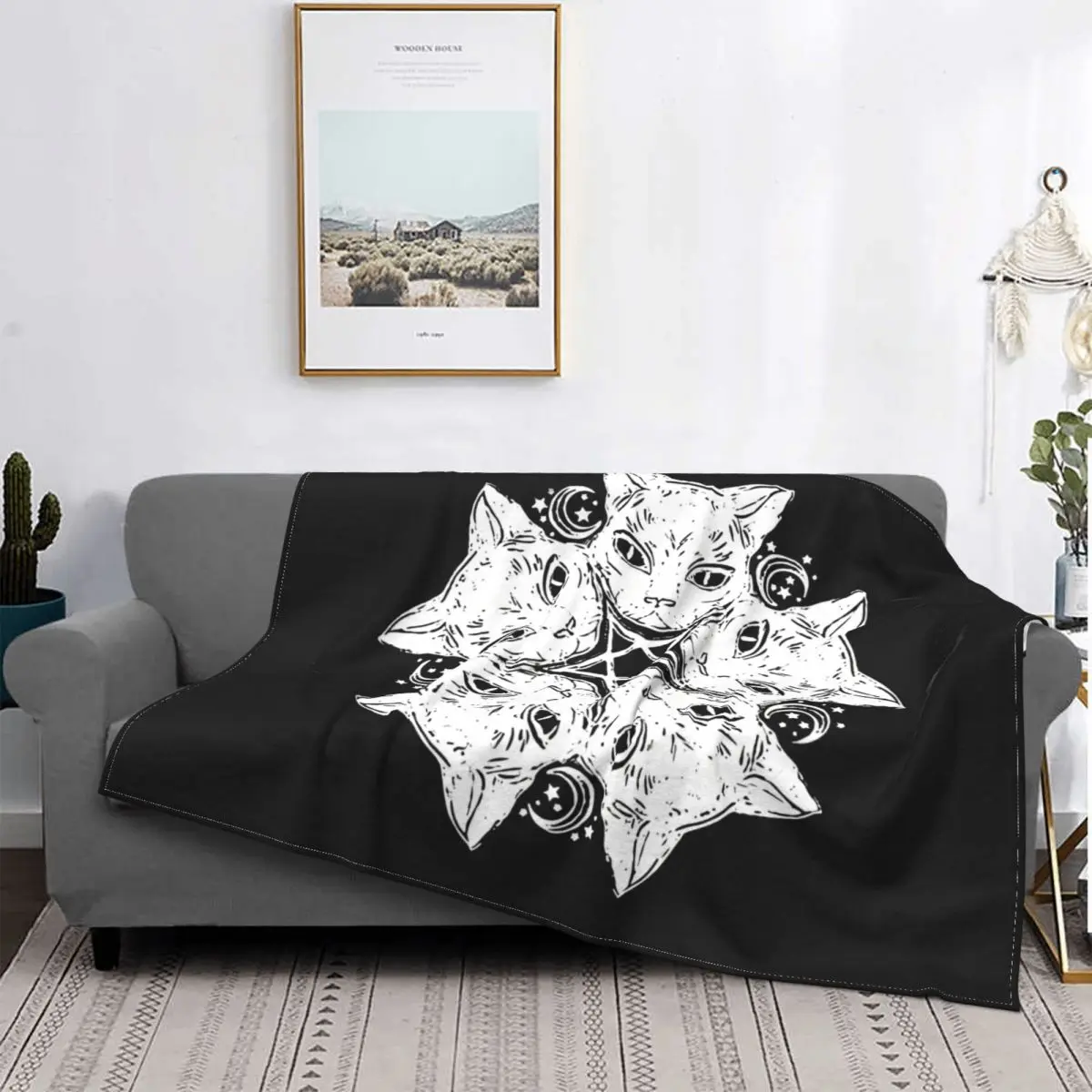 Cat Pentagram Blanket Gothic Fleece All Season Breathable Lightweight Throw Blankets For Sofa Rug Piece