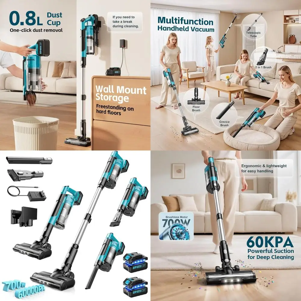 

Dual 4000mAh Battery 700W 60Kpa Cordless Vacuum Cleaner, 6-in-1 Multi-Surface Stick Model with Brushless Motor and LED Display