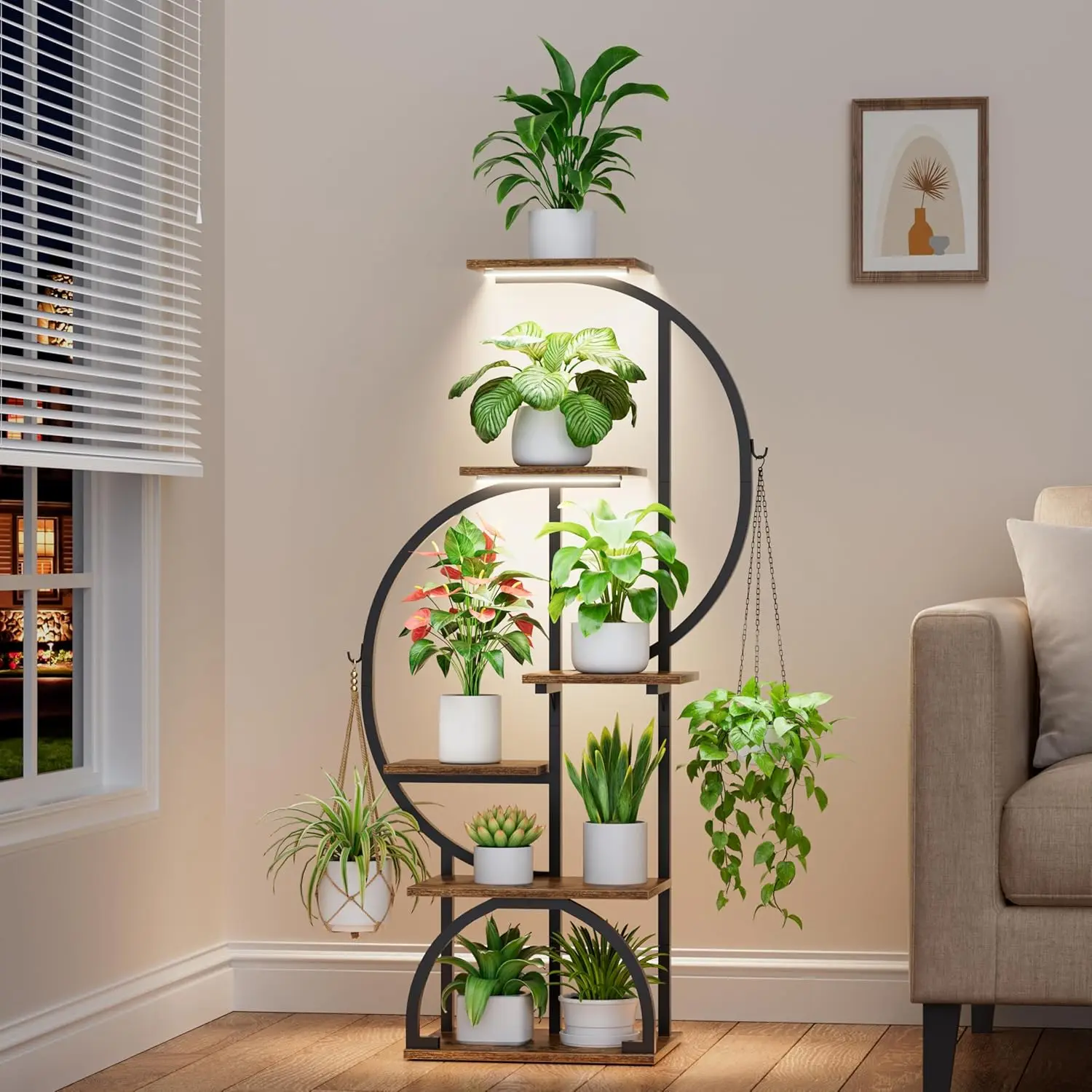 

6-Tier Metal Plant Stand with Grow Lights, Dual-Arc Shelf for Indoor Plants, Living Room Patio Decor