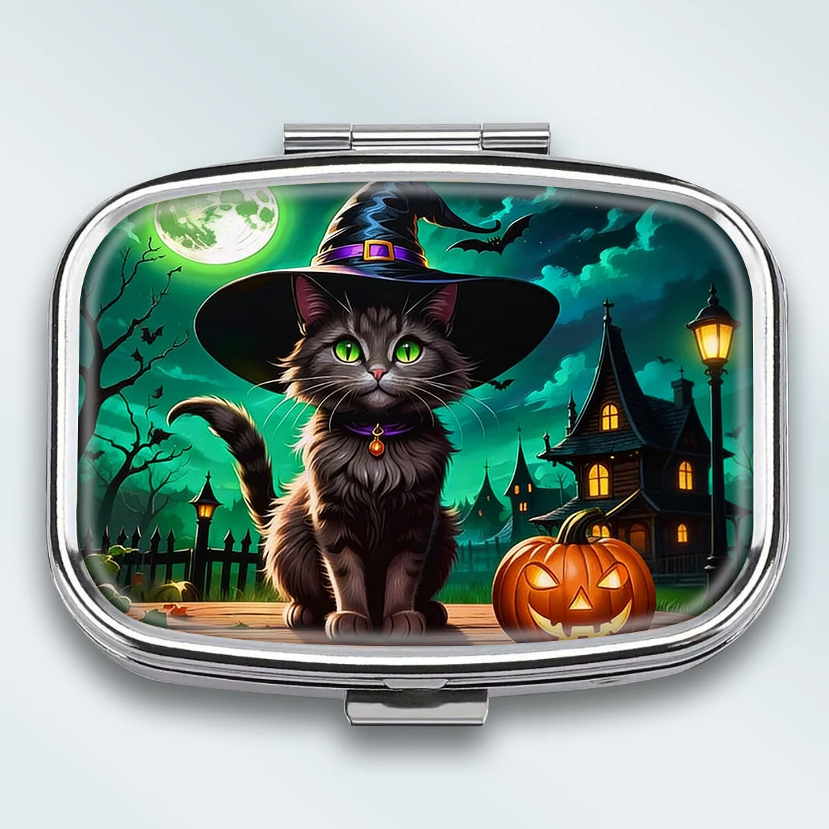 Portable Square Metal Pill Box, Featuring a Cute Halloween-Themed Witch Cat Night Scene Design, with 2 Compartments, Perfect for Elegantly Storing Your Medications or Supplements. It Is Perfect for Sorting Vitamins and Storing Small Items.