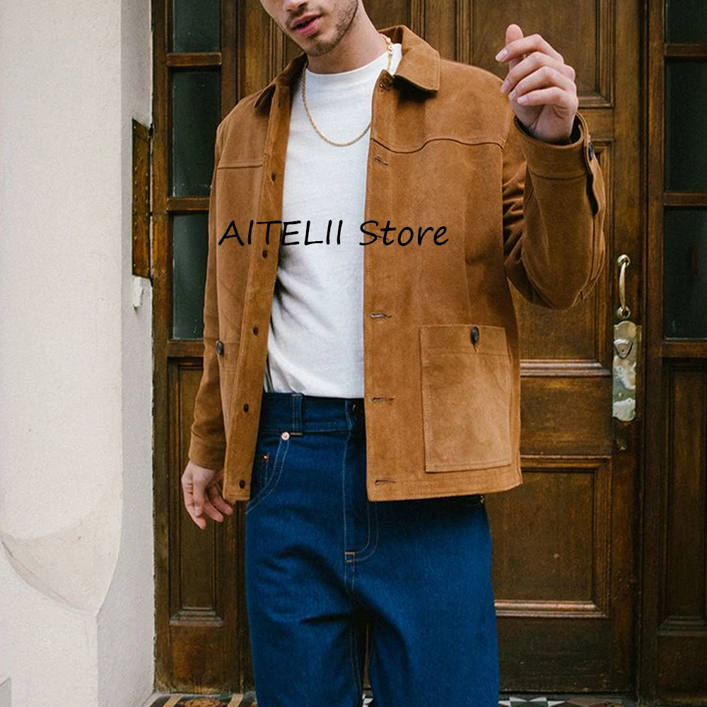 

Мужские пиджаки с двумя карманами на пуговицах, одежда из замшевой ткани, пальто для мужчин, костюмы с лацканами, шесть пуговиц, повседневная стильная мода