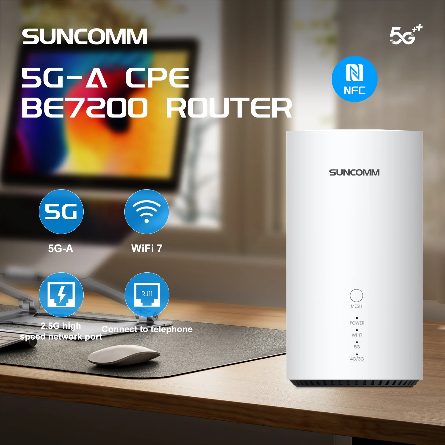 Hot Selling SUNCOMM SDX72 WiFi7 5G CPE BE7200 Dual Band IP Passthrough NFC Quick Connection 2.5Gbps VoIP Port Home 5G Router