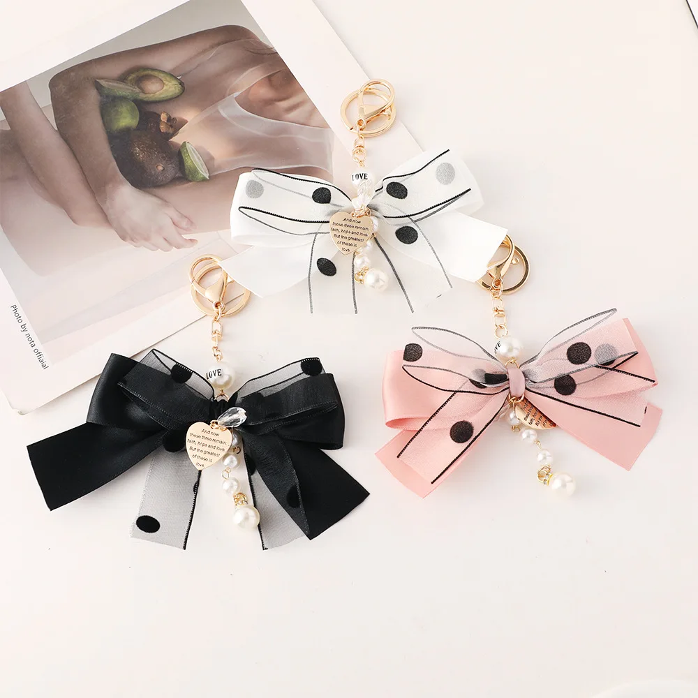 Imitation Pearl Keychain Sweet Letters Ribbon Bowknot Keyring Accessories Metal Buckle Women Bag Charms Best Gifts Jewelry