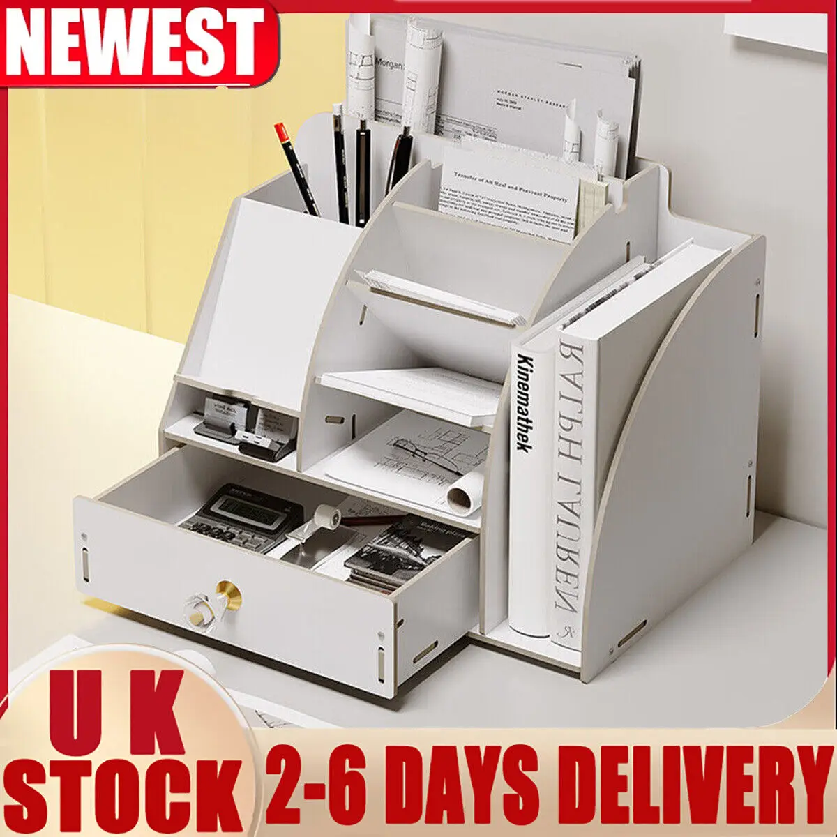 Office Desk Tidy White Wood Storage Organizer for Files Papers Pens UK Stock