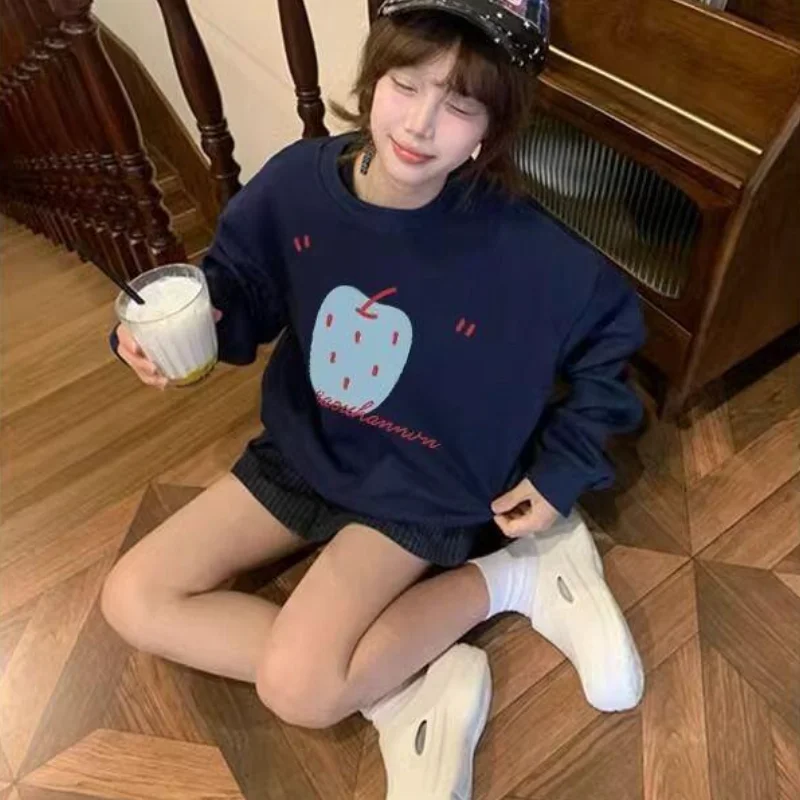 

Модный повседневный женский свитшот темно-синего цвета из хлопка, свободного кроя, новая трендовая модель для ранней весны, в стиле Харадзюку, оверсайз худи