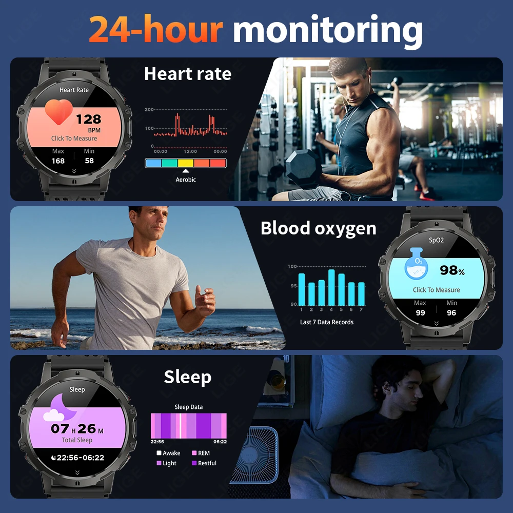 LIGE Smartwatch Męski Tryb Sportowy Ładowanie Magnetyczne Wodoodporność 3ATM 24-godzinny Monitoring Męski Smartwatch Bardzo Długi Czas Pracy Baterii