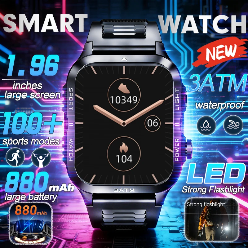 

2026 Outdoor Smart Watch 100+ Sports Modes 880mAh Large Battery LED Strong Light 3ATM Waterproof 1.96-inch Men's Smart Watch