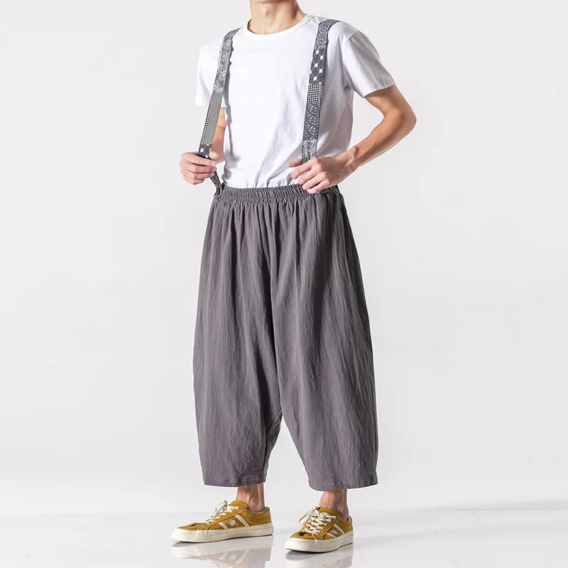 2022 Chinese Style Loose Plus Size Straight Overalls Harajuku Baggy Pants Men Clothing Oversized Cotton Linen Wide Cropped Pants