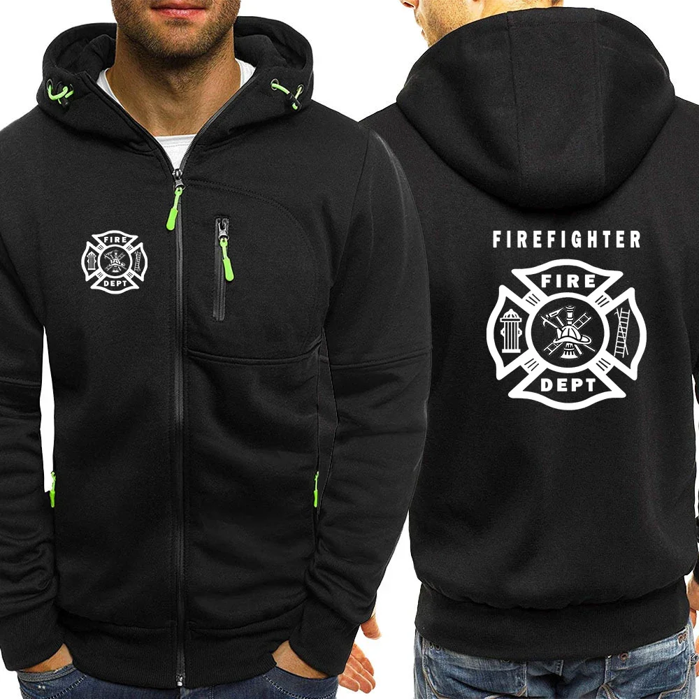 2024 Spring Autumn Men's Firefighter Rescue Team Logo Print Popular Loose Cotton Casual Sports Solid Color Zipper Hooded Hoodies