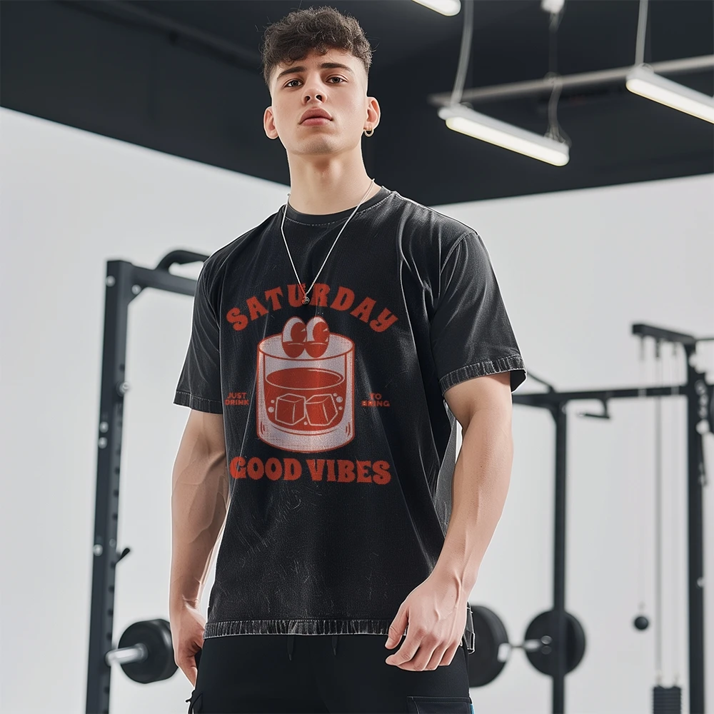 Ice Cube Drink Alphabet Printed Short Sleeve Men's and Women's Same Summer Fashion Trend Shoulder Retro Casual T-Shirt