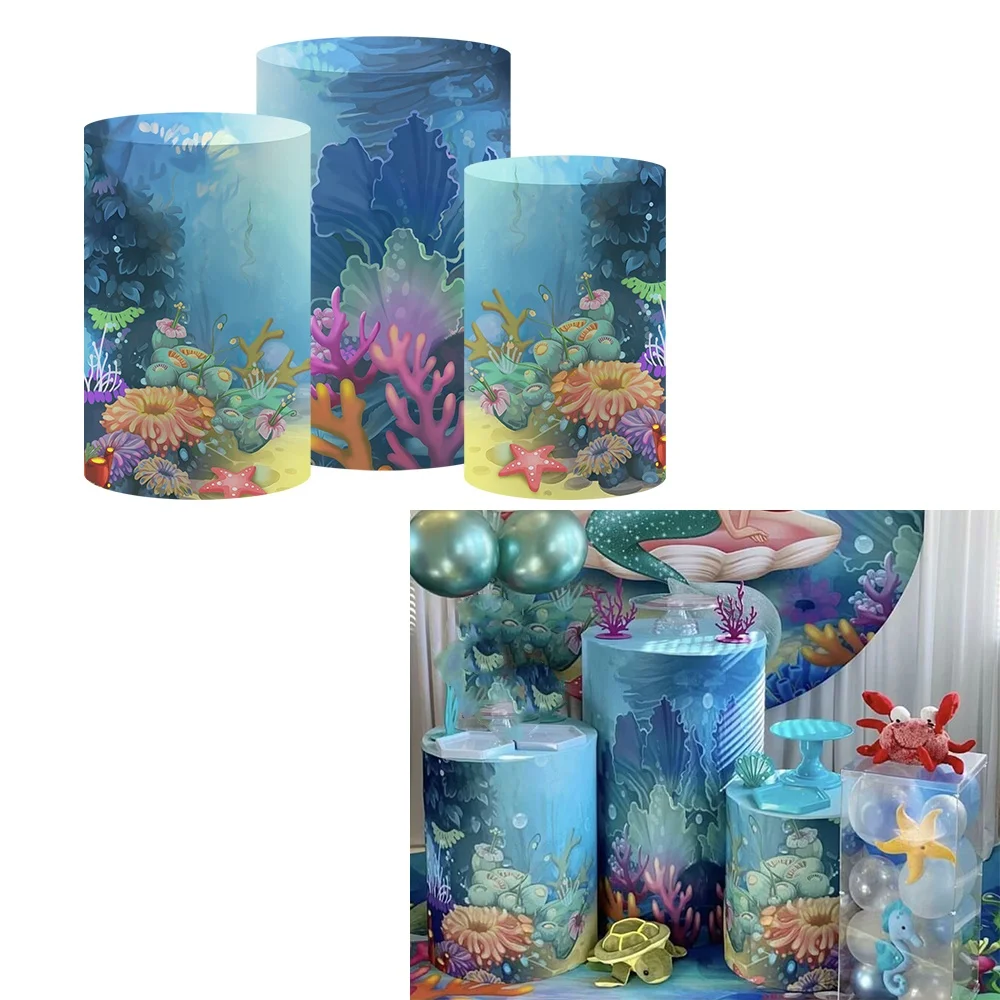 

Underwater Pedestal Pillars Cover Mermaid Birthday Party Tablecloth Cylinder Stretchy Cover Kids Baby Shower Parties Decorations