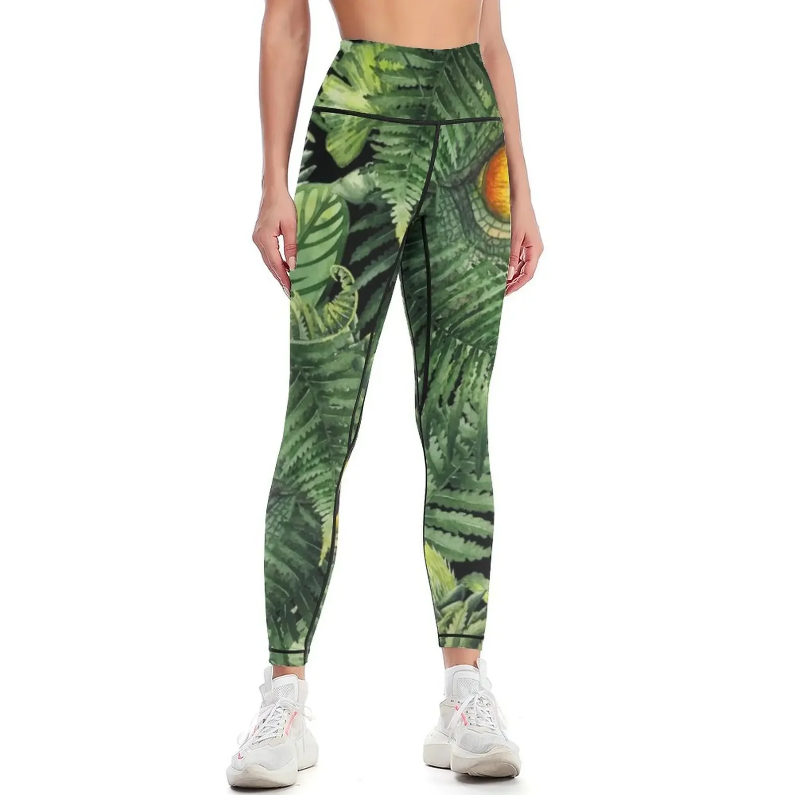 

Watercolor dinosaur eye and prehistoric plants Leggings sports for push up Clothing fitness Womens Leggings