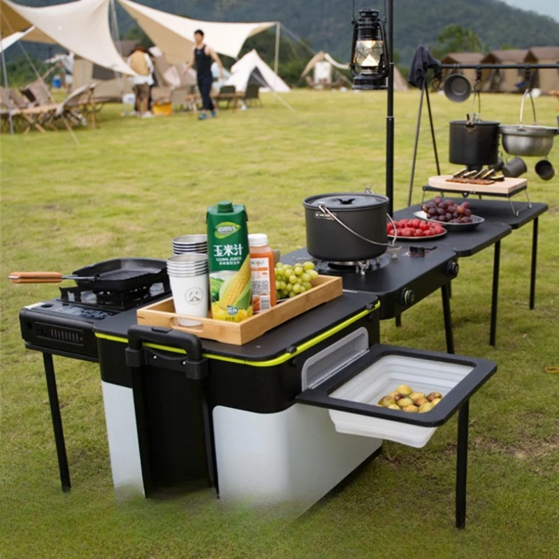 

Portable self-driving camping outdoor multi-functional mobile kitchen folding table small stove storage box