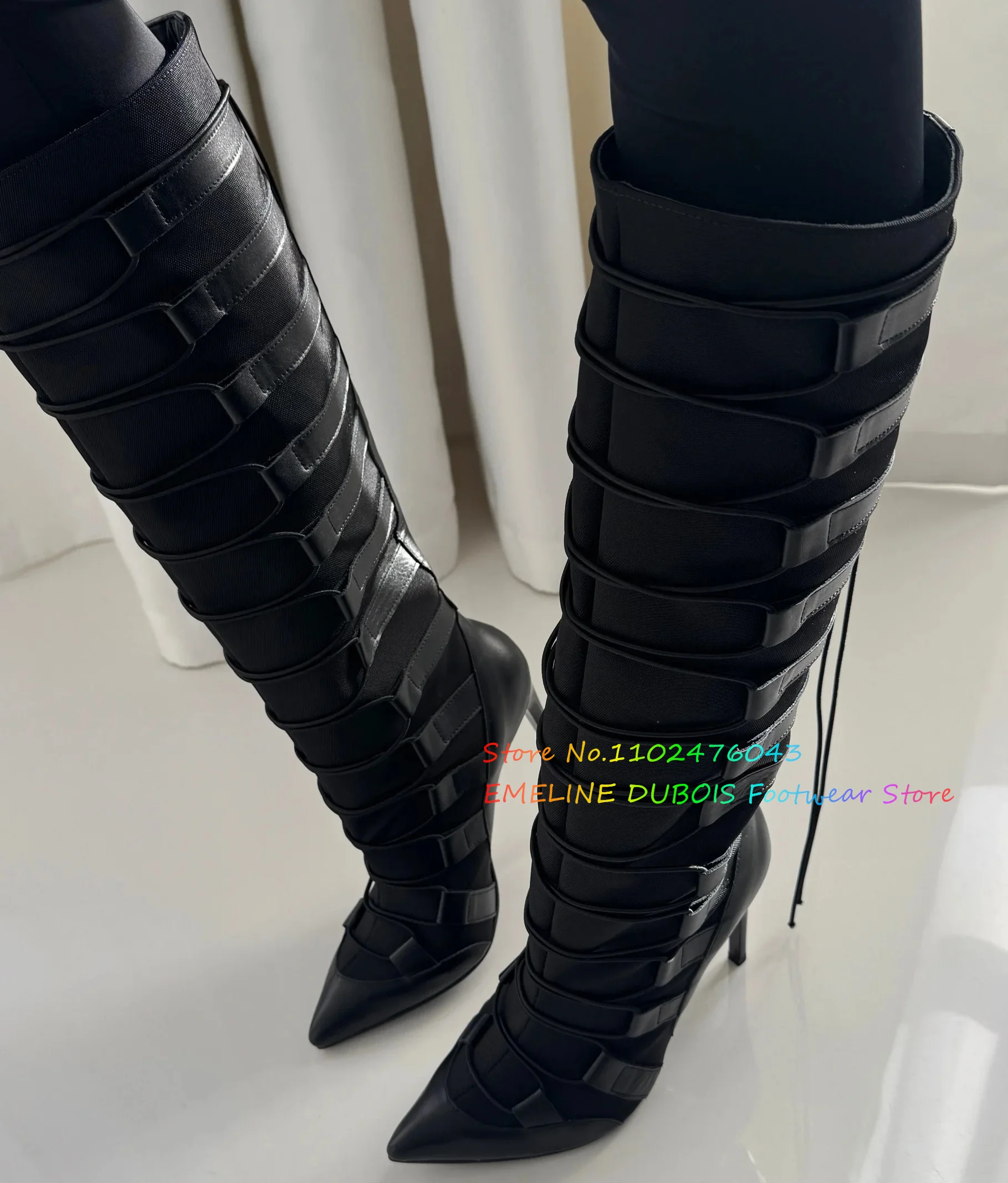 Black Knitted Lace-Up High High Boot Women Pointed Toe Stiletto Heel Patchwork Cross Tied Autumn Ladies High Heel Long Boot