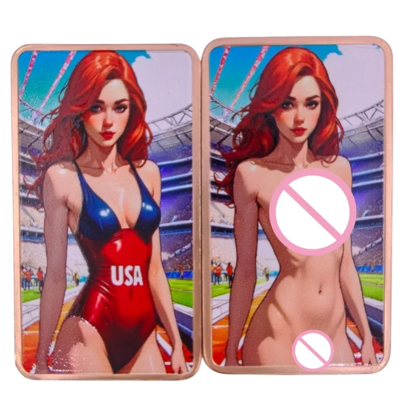 1oz .999 Fine Copper Bar USA Sports Cheerleader Redhead Pin-Up Girl Colorized Stadium Art Bullion Collectible Desk Decor Gift