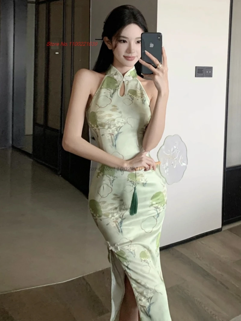 

2025 chinese sexy qipao retro flower print sleeveless cheongsam party evening dress traditional nightclub banquet qipao dress