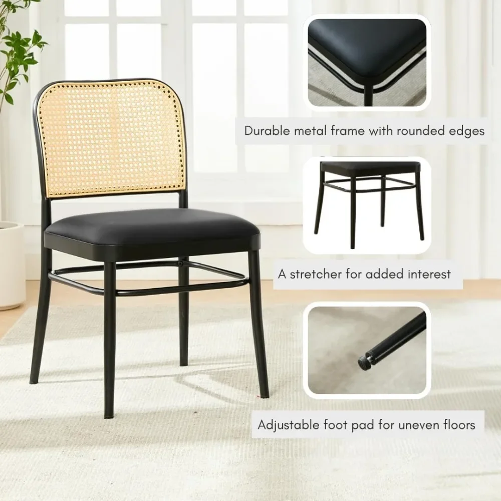 مجموعة كراسي تناول الطعام من الروطان مكونة من 6 قطع، كراسي طعام منجدة من الجلد الصناعي مع ظهر قصب، مطبخ وغرفة طعام حديثة في منتصف القرن C