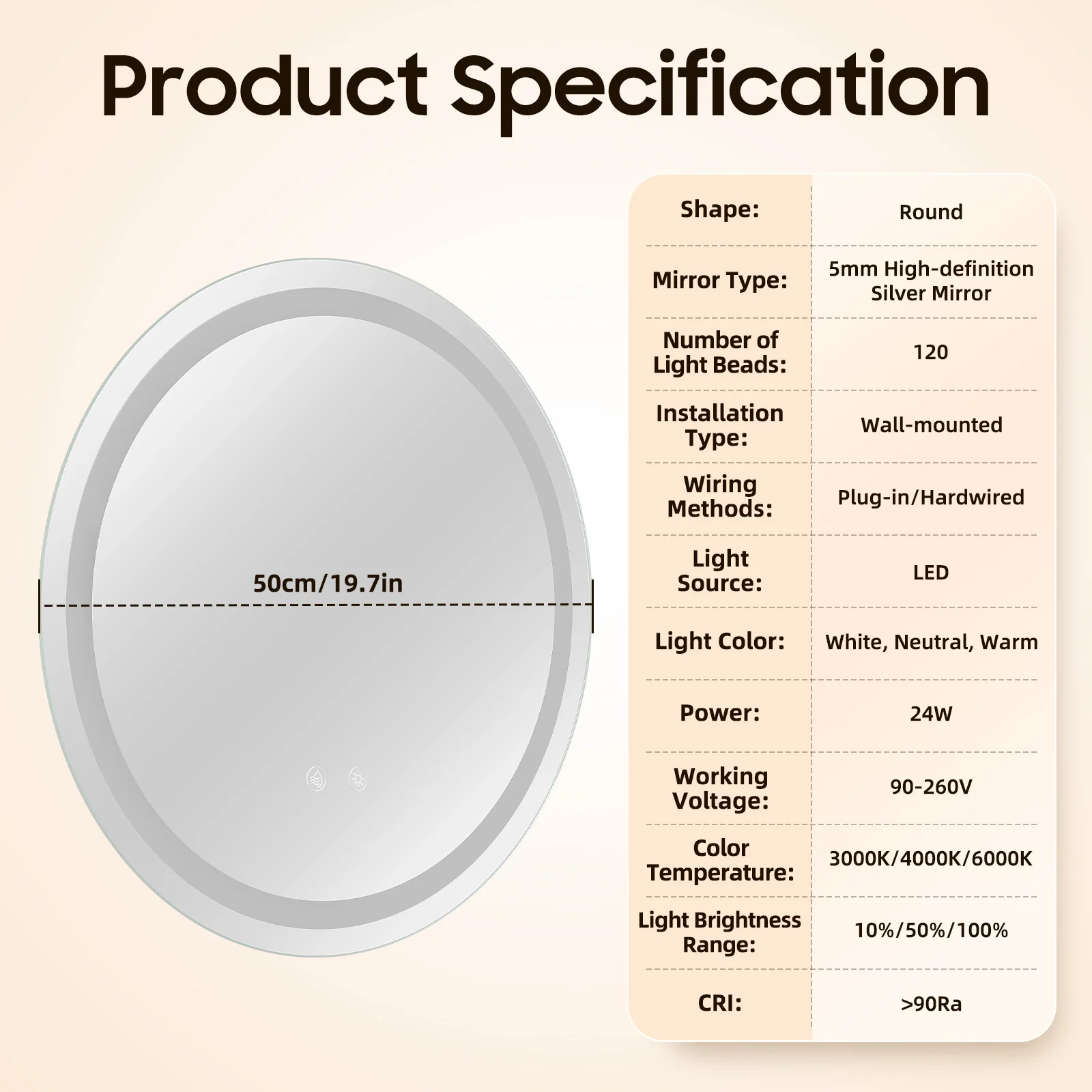 Espelho de banheiro iluminado por led, redondo, 3 cores, regulável, montado na parede, espelho de banheiro com luzes, inteligente, anti-neblina