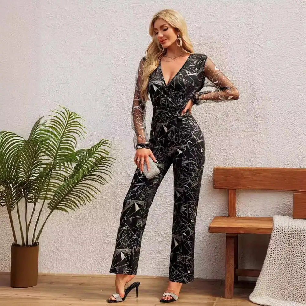 High Waist Jumpsuit Elegant Rose Sequin Party Jumpsuit with Geometric Mesh Sleeves for Women Slim Fit High Waist Formal Occasion