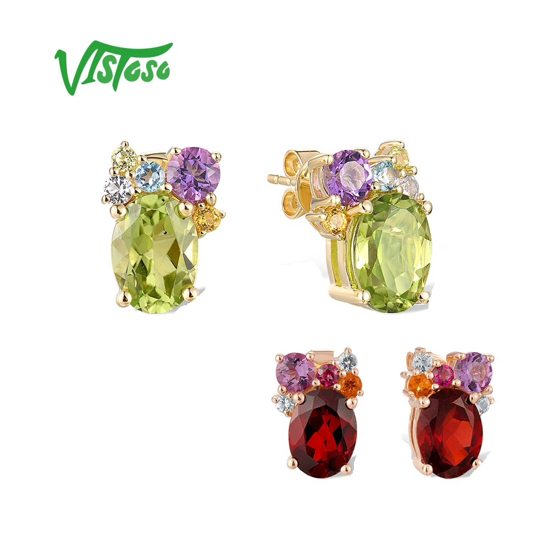 

Женские серьги VISTOSO из чистого золота 14 карат 585, сверкающие перидот, гранат, красочные драгоценные камни, милые свадебные подарки, ювелирные изделия
