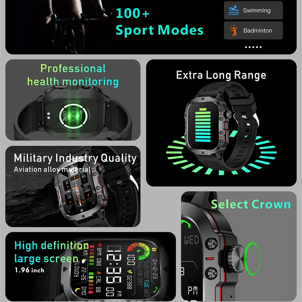 Military Men Smart Watch Bluetooth Call Fitness Clock Heart Monitor 3ATM Swim Waterproof Sport Smartwatch for Xiaomi iPhone 2024