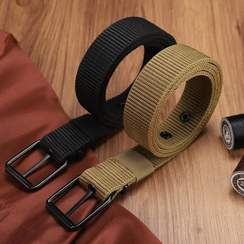 [Y]Men's Belt Porous Canvas Pin Buckle Leather Belt Outdoor Sports Belt Women's Trendy Eyelet Belt With Jeans Belt For Men Women