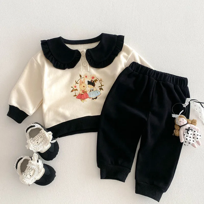 

2025 New Spring 0-4Yrs Toddler Baby Girl Clothes Suit Long Sleeved Cotton Printed Splicing Pullover+Pants Children Clothes Set ﻿