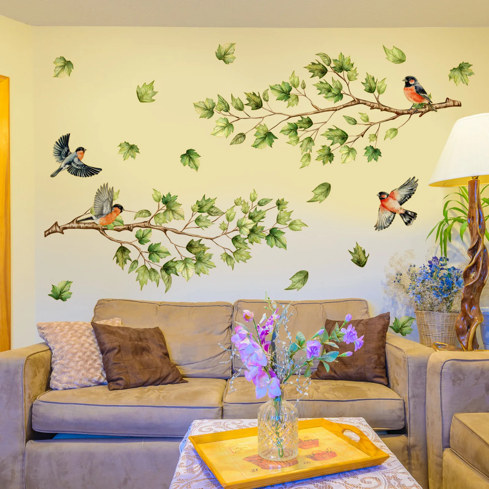 Jade Maple Leaf & Bird Wall Decals - Gold Foil Forest Stickers for Serene Bedroom Decor