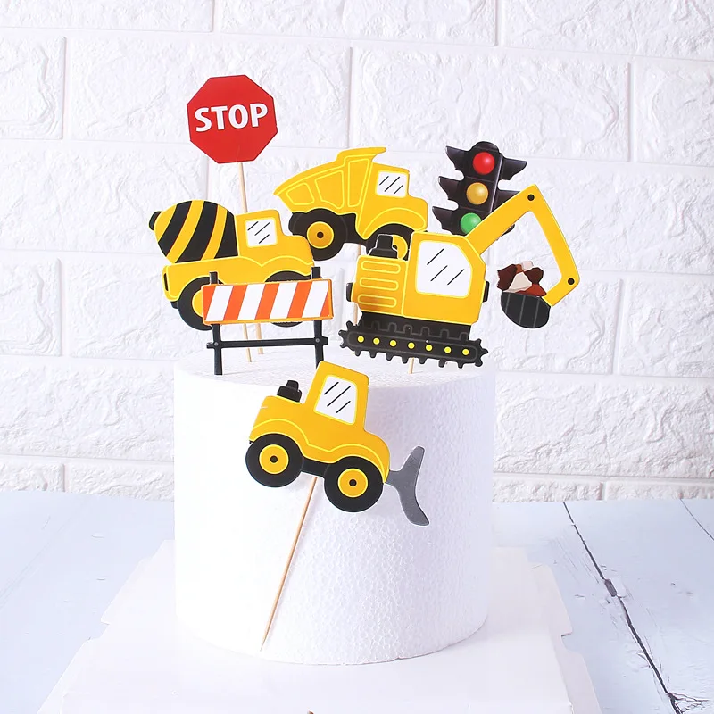 

Cake Topper Excavator Bulldozer Truck DIY Cake Cupcake Toppers Boys Men Happy Birthday Party Traffic Light Dessert Decor Flags