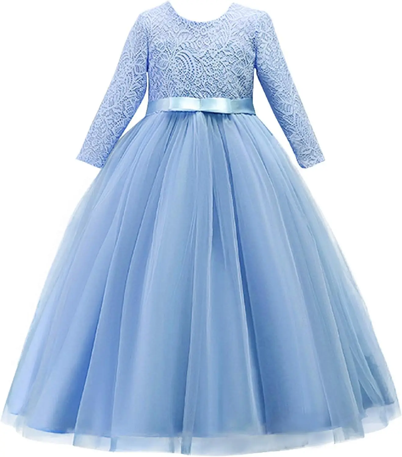 Flower Girl Lace Wedding Junior Bridesmaid Dress 3/4 Sleeve Floor Style,Princess Birthday Party Ball Evening Gown,Communion Gown