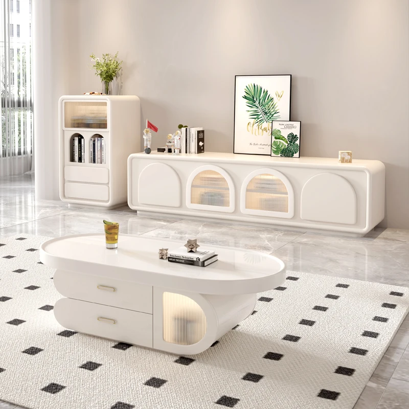 luxury Living room home Cream style small sized coffee table TV cabinet combination oval living room home white high feeling