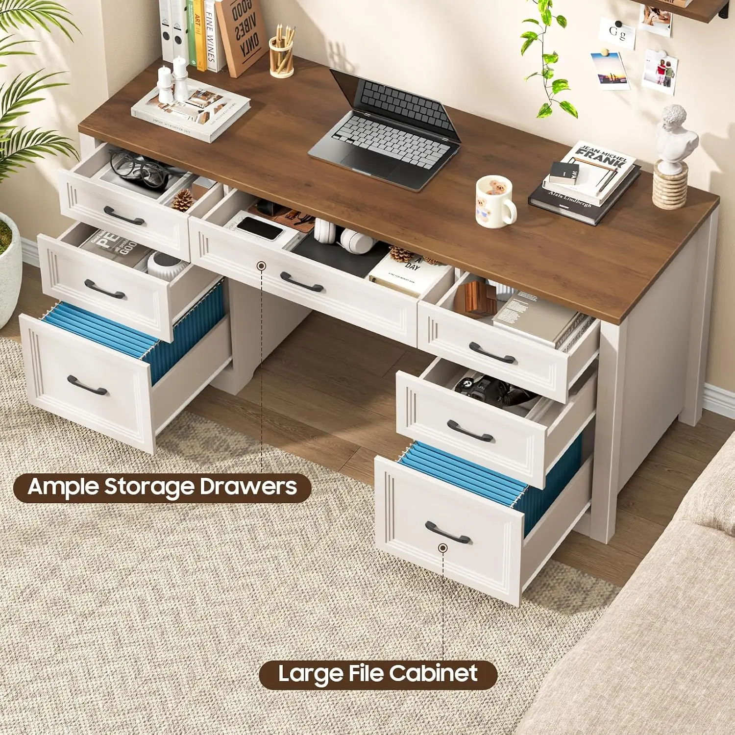 Farmhouse Executive Desk, Wood Home Office Desk with 2 Large File Drawers and 5 Storage Cabinets, Rustic Writing Desk