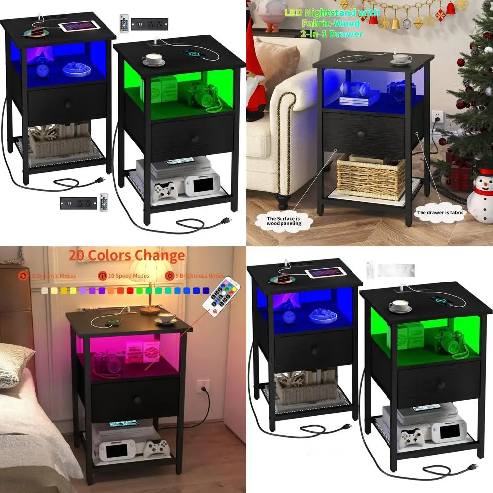 

Pair of LED Nightstands with Charging, USB Ports, Outlets, Fabric-Wood Drawer, Black Accents for Bedroom/Living Room