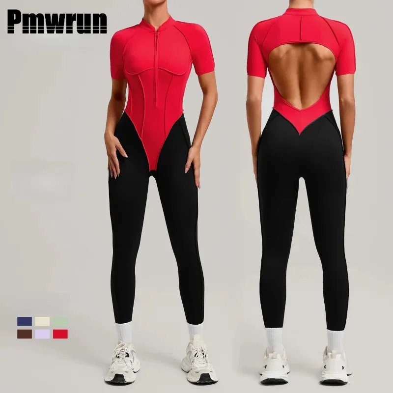 

PMWRUN Новый модный фитнес-комбинезон с воротником-стойкой и открытой спиной, одежда для спортзала, женская одежда для гольфа, облегающий боди для женщин