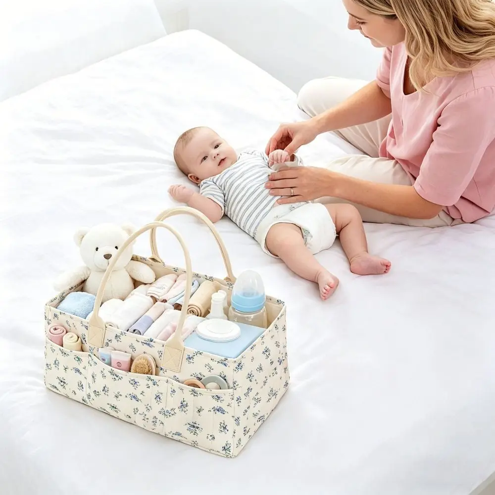 Floral Baby Diaper Caddy Organizer Portable Newborn Essentials Nursery Storage Basket Large Capacity Diaper Bag