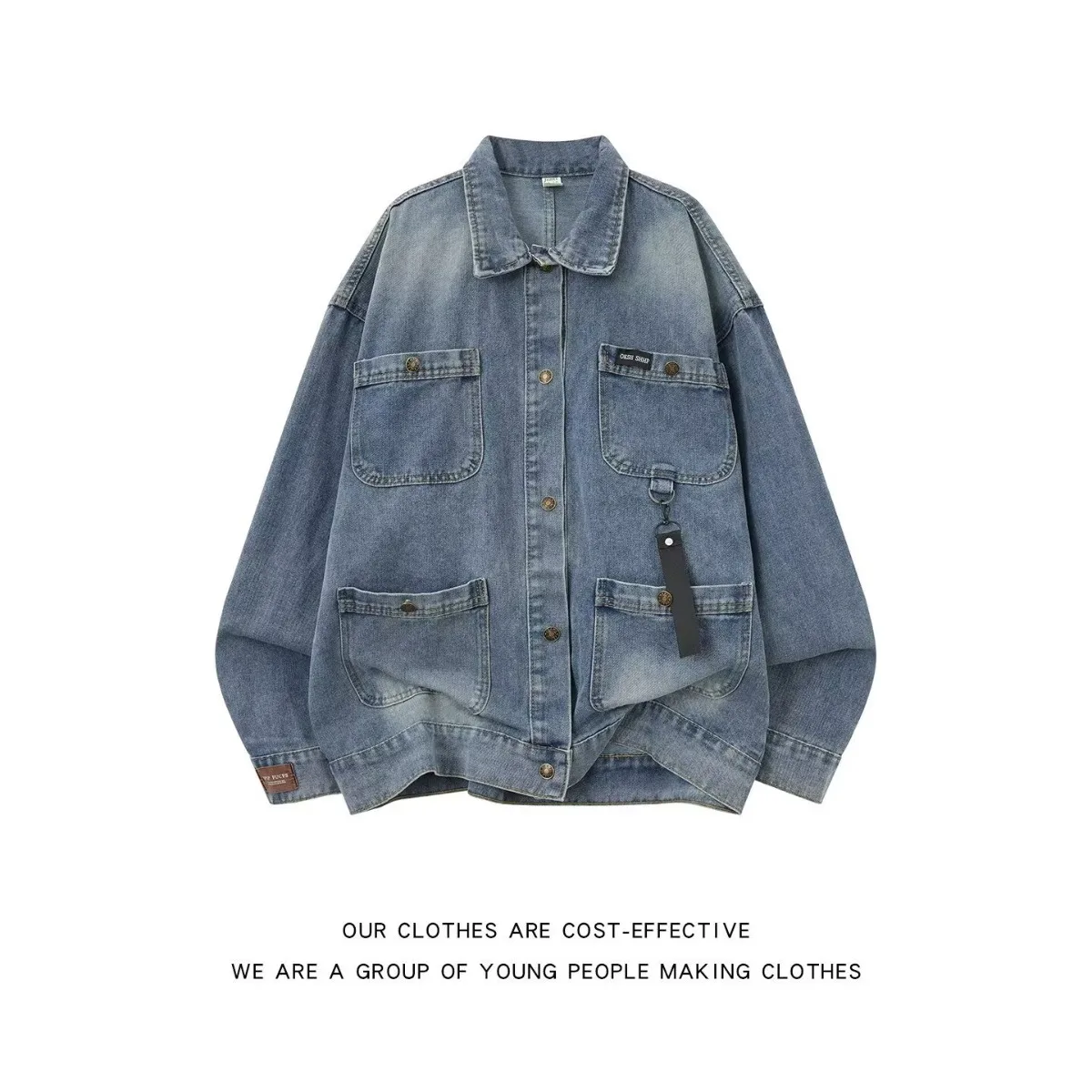 Mr. WH Workwear Short Denim Jacket Elastic Bottom Multiple Pockets Turn-down Collar Open Cardigan Jacket Casual Versatile Wom...