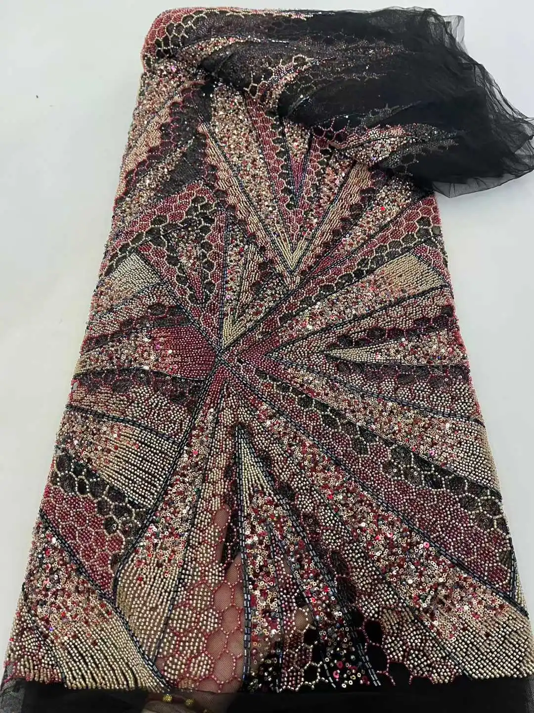 

African Heavy Bead Lace Fabric High-Quality Nigerian Embroidery Sequins French Tulle for Wedding Party Material