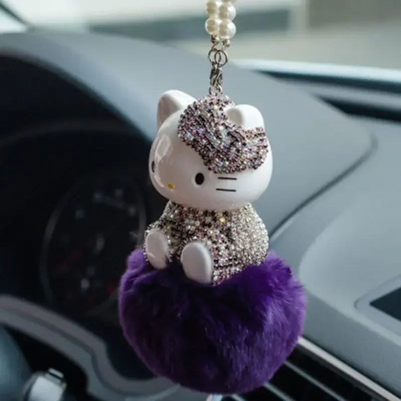 MINISO HelloKitty Car Hair Ball Diamond Pendant Car Pendant Interior Ladies Cute Car Rearview Mirror Handmade Decoration Gift