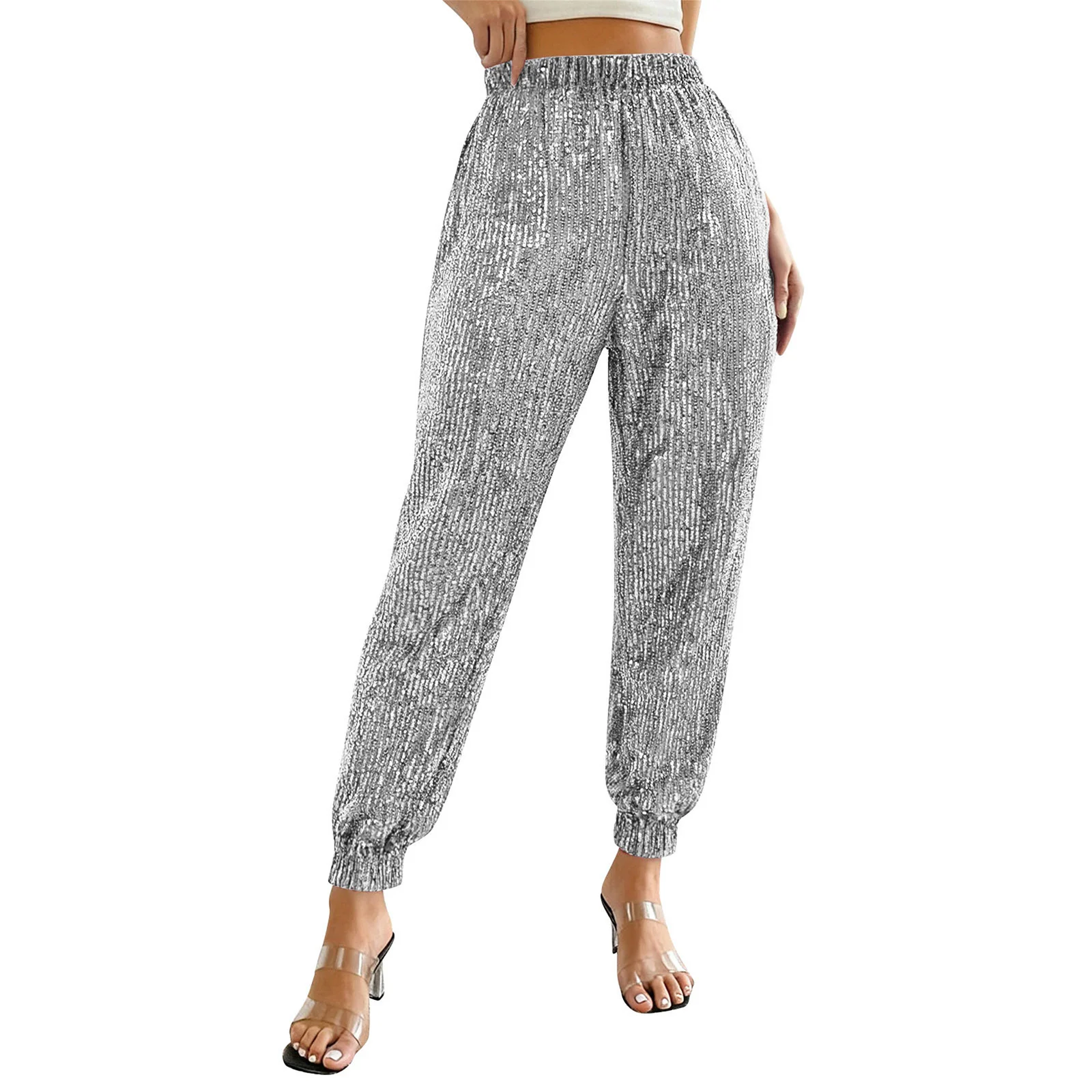 

Women Allover Sequin Long Pants Shiny Dance Disco Bottoms Elastic High Waist Jogger Pants Trousers for Stage Dance Music Party